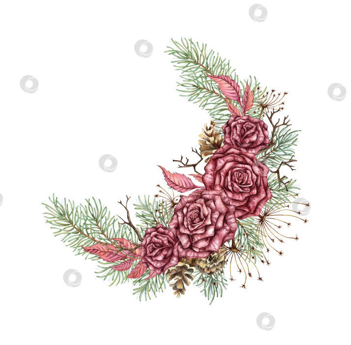 Скачать Венок из роз, сосновых шишек, веток, сухих цветов, акварель в стиле стимпанк фотосток Ozero