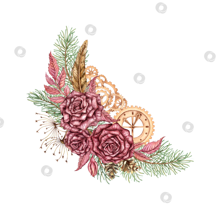 Скачать Букет в стиле стимпанк, розы, сосновые шестеренки, акварель фотосток Ozero
