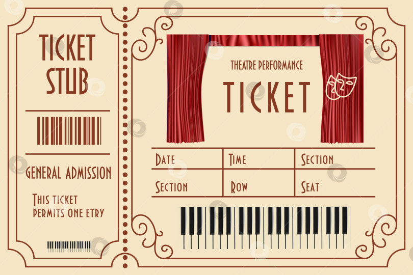 Скачать Старинный билет в театр. Стилизованный входной билет с классическими масками и нотами. фотосток Ozero