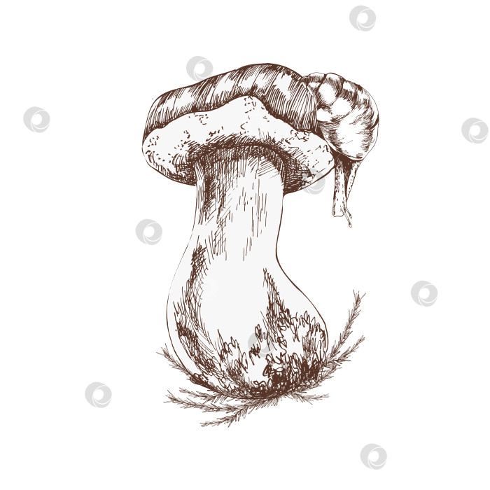 Скачать Белый гриб с выгравированной графической иллюстрацией в виде улитки на шляпке. Рисованный лесной клипарт с дикорастущими грибами, органическая гравюра для осеннего сезона сбора урожая, дизайн открыток фотосток Ozero