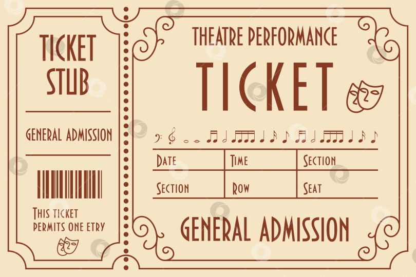 Скачать Винтажный билет в театр. Стилизованный входной билет с классическими масками, нотами и элегантным оформлением. фотосток Ozero