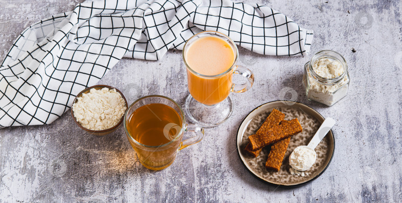 Скачать Веб-баннер "Протеиновые коктейли, протеиновый порошок, зеленый чай и протеиновые батончики для здорового питания" фотосток Ozero