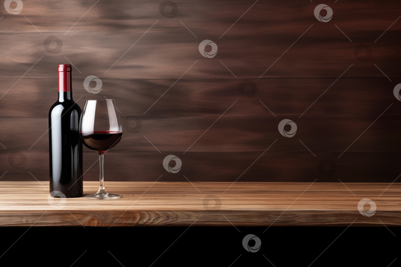 Скачать Винный макет бутылки с бокалом красного вина на деревянном фоне. фотосток Ozero