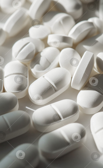 Скачать Вертикальный баннер "белые таблетки" на белом столе, медицинская справка. фотосток Ozero