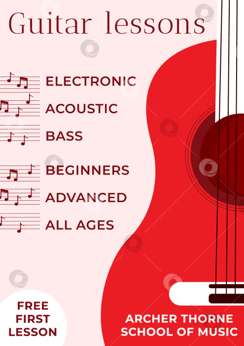 Скачать Минималистичный шаблон красного плаката или листовки с изображением гитары и музыкальных элементов. Этот шаблон предназначен для объявления об уроке игры на инструменте, музыкальном фестивале, вечеринке и т.д. фотосток Ozero
