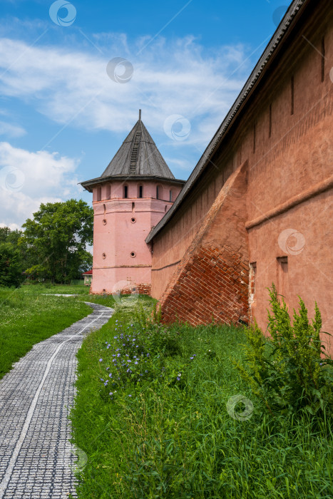 Скачать Суздаль, Владимирская область, Россия - 24.07.2025. Стена Спасо-Евфимиева монастыря на фоне Зеленой дорожки. фотосток Ozero
