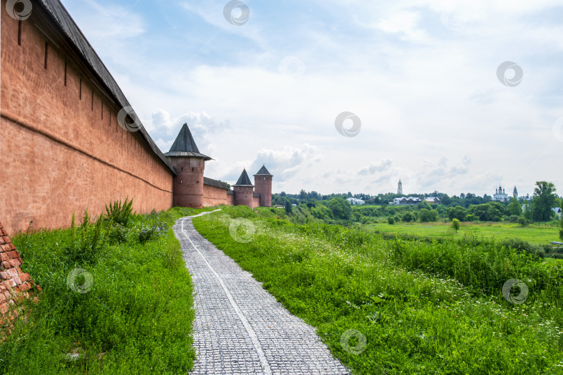 Скачать Суздаль, Владимирская область, Россия - 24.07.2025. Стена Спасо-Евфимиева монастыря на фоне Зеленой дорожки. фотосток Ozero
