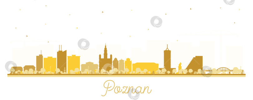 Скачать Силуэт польского города Познань на горизонте с золотыми зданиями, выделяющимися на белом фоне. Иллюстрация. Городской пейзаж Познани с достопримечательностями. Концепция деловых поездок и туризма с исторической архитектурой. фотосток Ozero