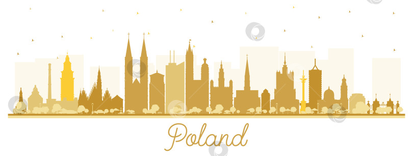 Скачать Силуэт польского города на горизонте с золотыми зданиями, выделяющимися на белом фоне. Иллюстрация. Концепция с современной архитектурой. Городской пейзаж Польши с достопримечательностями. Варшава. Краков. Лодзь. Вроцлав. Познань. фотосток Ozero