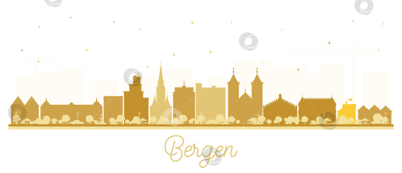 Скачать Силуэт норвежского города Берген на горизонте с золотыми зданиями, выделяющимися на белом фоне. Иллюстрация. Городской пейзаж Бергена с достопримечательностями. Концепция деловых поездок и туризма с исторической архитектурой. фотосток Ozero