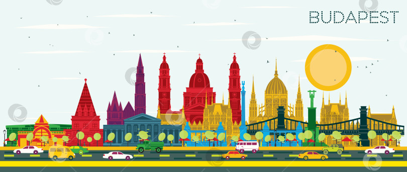 Скачать Будапешт, Венгрия, городской пейзаж с цветными зданиями и голубым небом. Иллюстрация. Концепция деловых поездок и туризма с исторической архитектурой. Городской пейзаж Будапешта с достопримечательностями. фотосток Ozero