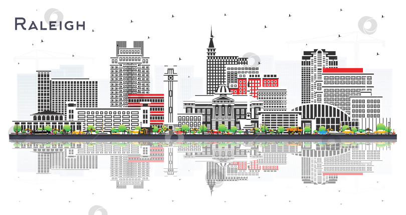 Скачать Городской пейзаж Роли, Северная Каролина, с цветными зданиями и отражениями, выделенными на белом фоне. Иллюстрация. Городской пейзаж Роли с достопримечательностями. Деловые поездки, концепция туризма в сочетании с современной архитектурой. фотосток Ozero