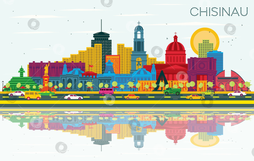 Скачать Городской пейзаж Кишинева, Молдова, с цветными зданиями, голубым небом и отражениями. Иллюстрация. Концепция деловых поездок и туризма с исторической архитектурой. Городской пейзаж Кишинева с достопримечательностями. фотосток Ozero