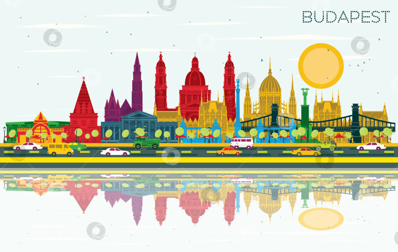 Скачать Будапешт, Венгрия, городской пейзаж с цветными зданиями, голубым небом и отражениями. Иллюстрация. Концепция деловых поездок и туризма с исторической архитектурой. Городской пейзаж Будапешта с достопримечательностями. фотосток Ozero