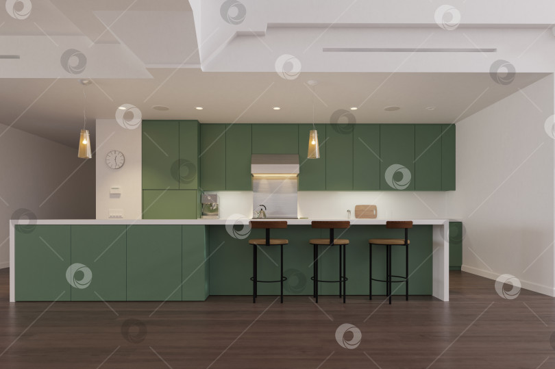 Скачать 3D-рендеринг современного кухонного интерьера с зелеными шкафчиками и белым островом фотосток Ozero