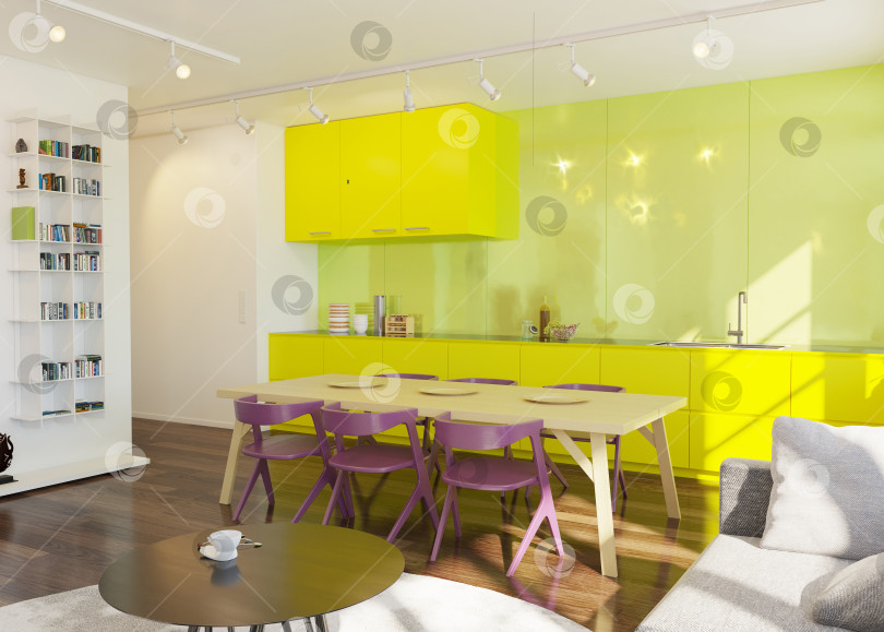Скачать 3D-рендеринг современного интерьера открытой планировки с яркой, красочной кухней фотосток Ozero