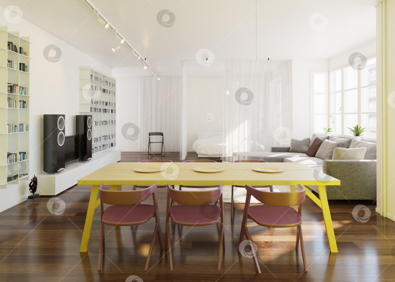 Скачать Современный интерьер квартиры открытой планировки. 3D-рендеринг гостиной и столовой фотосток Ozero