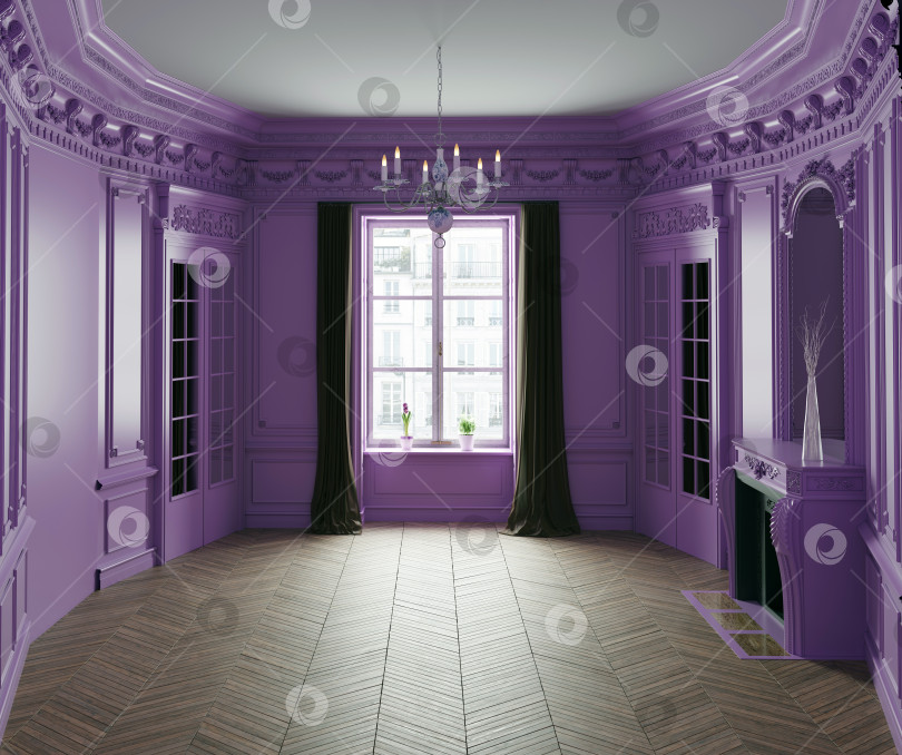 Скачать 3D-рендеринг интерьера пустой фиолетовой классической парижской комнаты фотосток Ozero