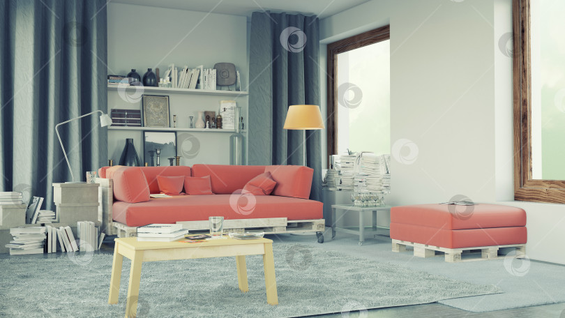 Скачать Современный интерьер гостиной с диваном-кроватью кораллового цвета. 3D-рендеринг фотосток Ozero