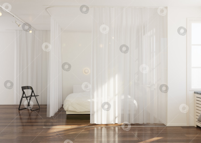 Скачать Современный минималистичный интерьер спальни с занавеской в качестве перегородки. 3D рендеринг фотосток Ozero