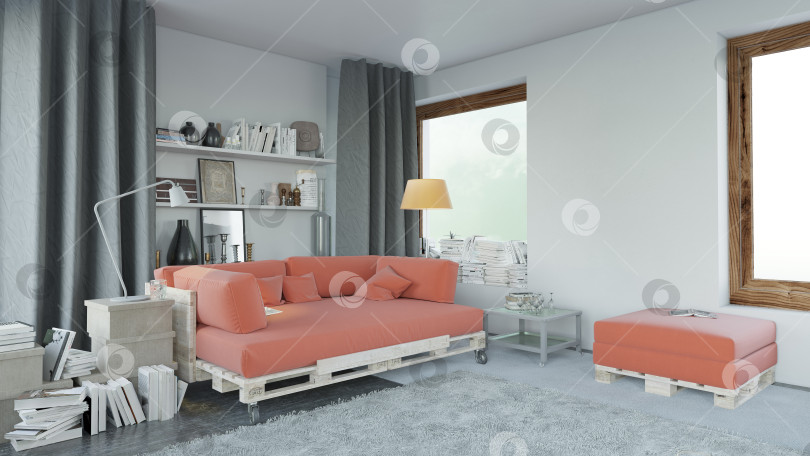 Скачать Современный интерьер гостиной с раскладным диваном из поддонов. 3D рендеринг фотосток Ozero
