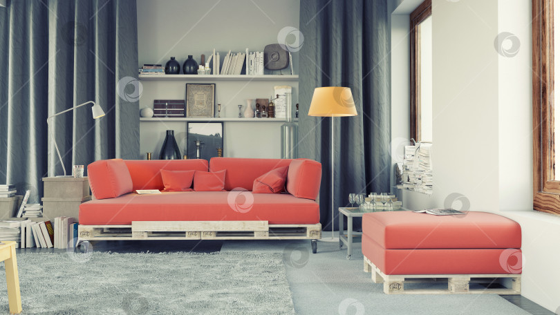 Скачать Современная гостиная с мебелью из поддонов, сделанной своими руками. 3D-рендеринг стильного интерьера фотосток Ozero