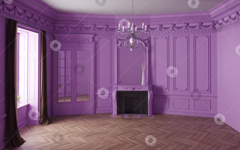 Скачать Пустая комната в классическом фиолетовом стиле с камином. 3D рендеринг фотосток Ozero
