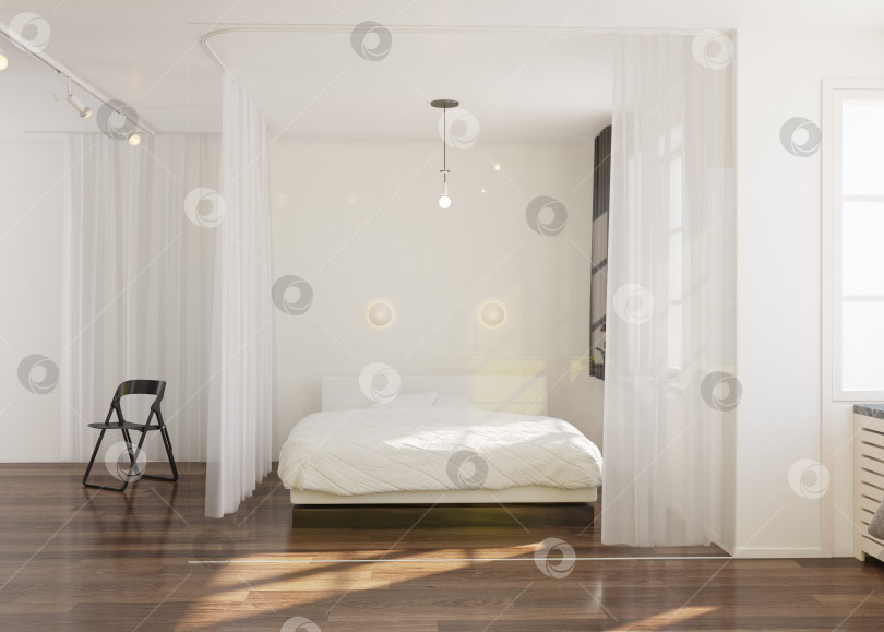 Скачать 3D-рендеринг минималистской спальни в современной квартире-студии фотосток Ozero