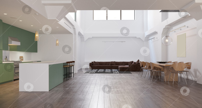 Скачать 3D-рендеринг интерьера современной квартиры открытой планировки с кухней и гостиной фотосток Ozero