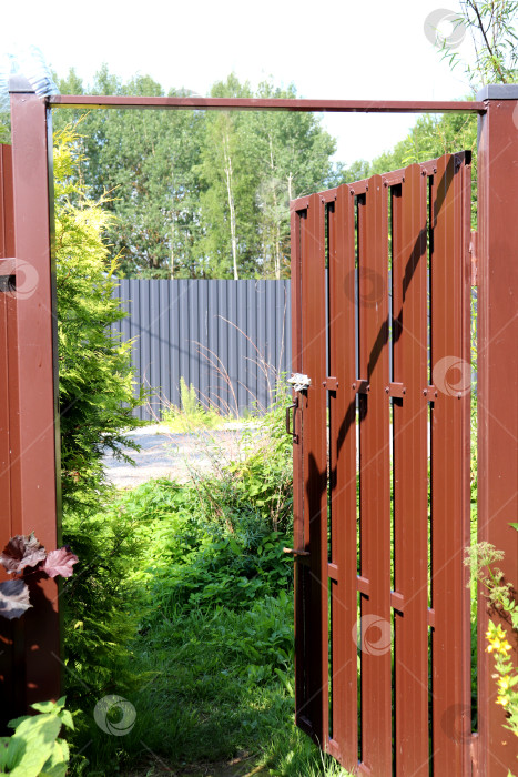 Скачать Металлические ворота сельского дома открыты в солнечный летний день, видно улицу, дорогу, деревья и забор соседнего дома фотосток Ozero