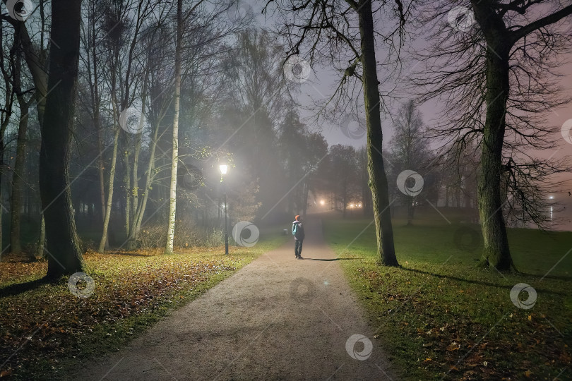 Скачать Фигура путника в туманном осеннем ночном парке. фотосток Ozero