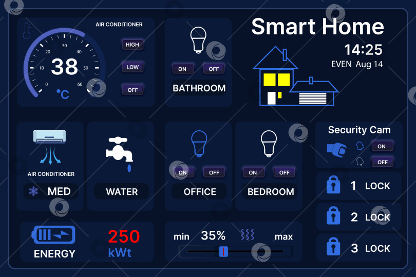 Скачать Интерфейс панели управления "Умный дом". Современная панель автоматизации дома с системами климат-контроля и безопасности. фотосток Ozero