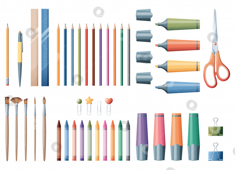 Скачать Набор канцелярских принадлежностей ручка, карандаши, мелки, фломастеры, скрепка, линейка, ножницы на белом фоне. Школьные принадлежности, офисные канцелярские принадлежности, творчество, хобби, художественные инструменты. фотосток Ozero