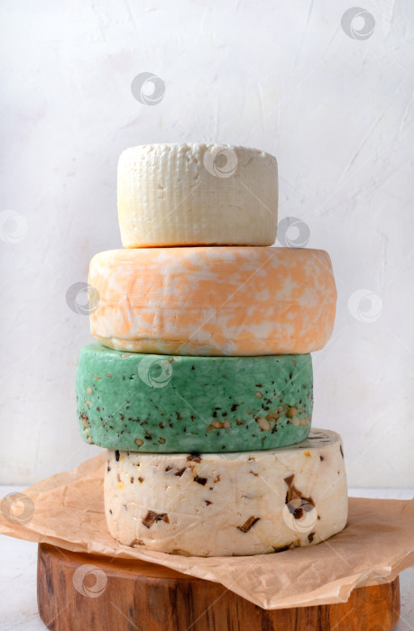 Скачать Сырное ассорти: качотта классическая, с грибами, зеленая с кедровыми орешками и мраморным кесо фреско из коровьего молока фотосток Ozero