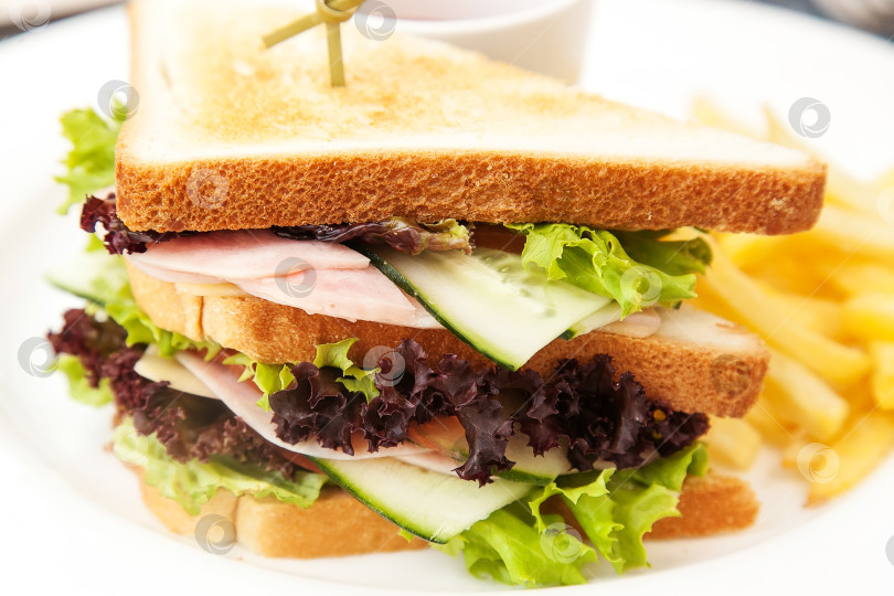 Скачать Бутерброд с витчиной, листьями салата и огурцами на белом блюде. Европейская кухня. фотосток Ozero