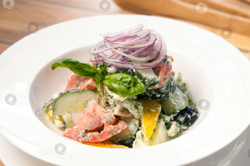 Скачать Овощной салат с рикоттой на белом блюде. Европейская кухня. фотосток Ozero