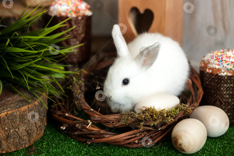 Скачать Белый пасхальный кролик. Пасхальные куличи со свечами и празднично украшенные яйца. фотосток Ozero