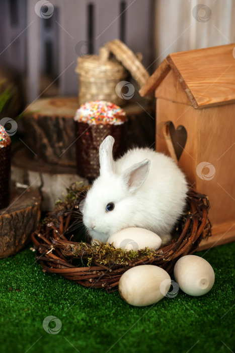 Скачать Белый пасхальный кролик. Пасхальные куличи со свечами и празднично украшенные яйца. фотосток Ozero