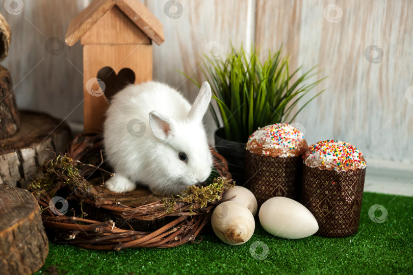 Скачать Белый пасхальный кролик. Пасхальные куличи со свечами и празднично украшенные яйца. фотосток Ozero