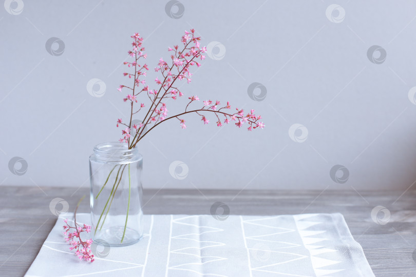 Скачать Розовые цветы в стеклянной банке на светло-сером фоне. День матери. Весенний фон. фотосток Ozero
