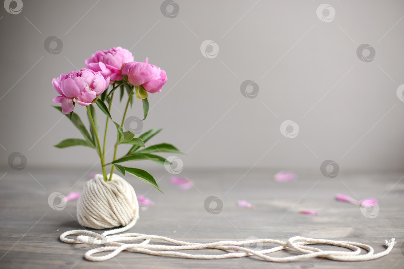 Скачать Цветочная рамка с розовыми пионами на деревянном фоне. День матери. фотосток Ozero