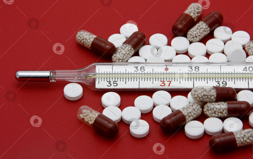 Скачать Лекарства различной формы и термометр для лечения простудных заболеваний. Концепция медицины и здоровья. фотосток Ozero