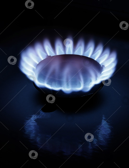 Скачать Газовая горелка на домашней плите крупным планом. Газ пропан с голубым пламенем. фотосток Ozero