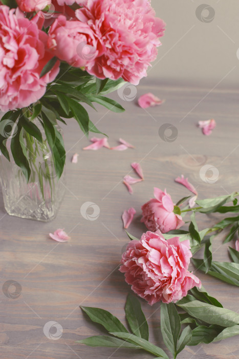 Скачать Цветочная композиция.  Цветы розового пиона на деревянном фоне. День матери. Плоская композиция, вид сверху. фотосток Ozero