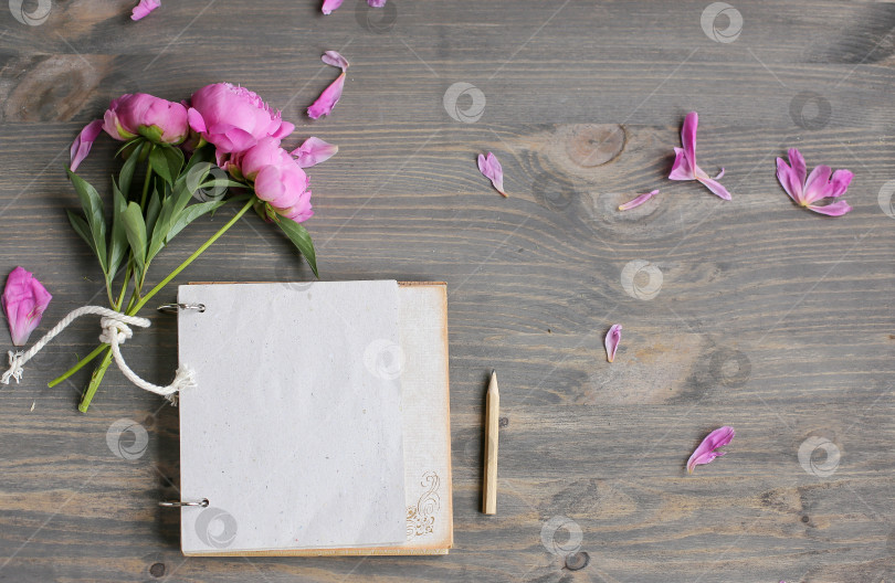 Скачать Винтажный фон, ручная работа. Розовый пион и старые ножницы, ленты, блокнот для текста. День матери. фотосток Ozero