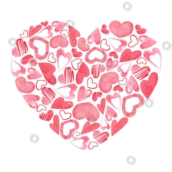 Скачать Акварельная иллюстрация в виде сердца ко Дню святого Валентина. Композиция из розовых сердечек к празднику всех влюбленных. фотосток Ozero