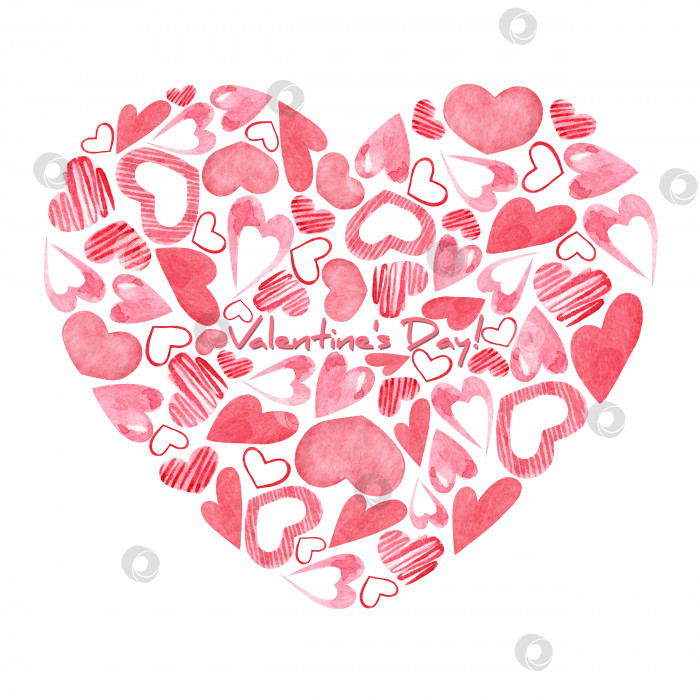Скачать Акварельная иллюстрация в виде сердца ко Дню святого Валентина. Композиция из розовых сердечек к празднику всех влюбленных. фотосток Ozero