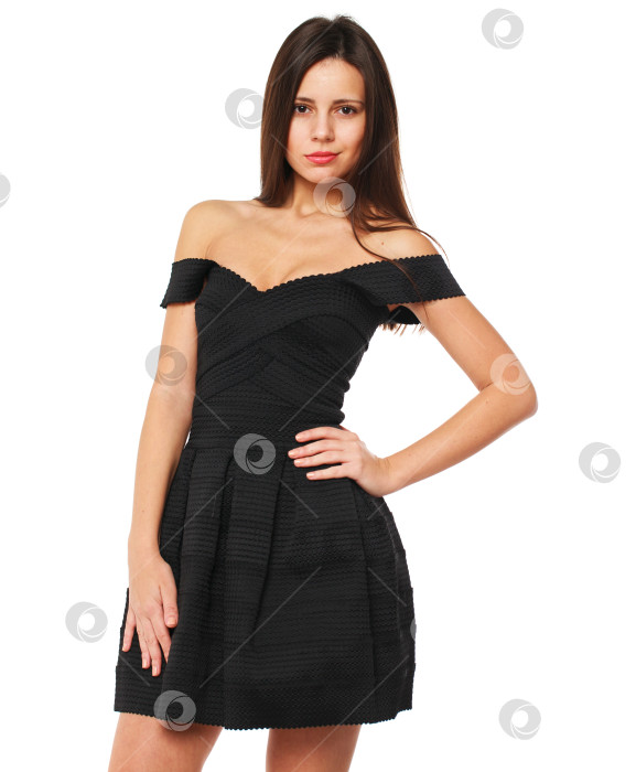 Скачать Молодая красивая брюнетка в черном платье фотосток Ozero