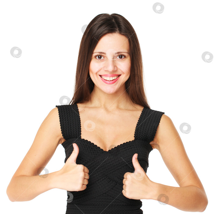 Скачать Красивая брюнетка показывает поднятые большие пальцы фотосток Ozero