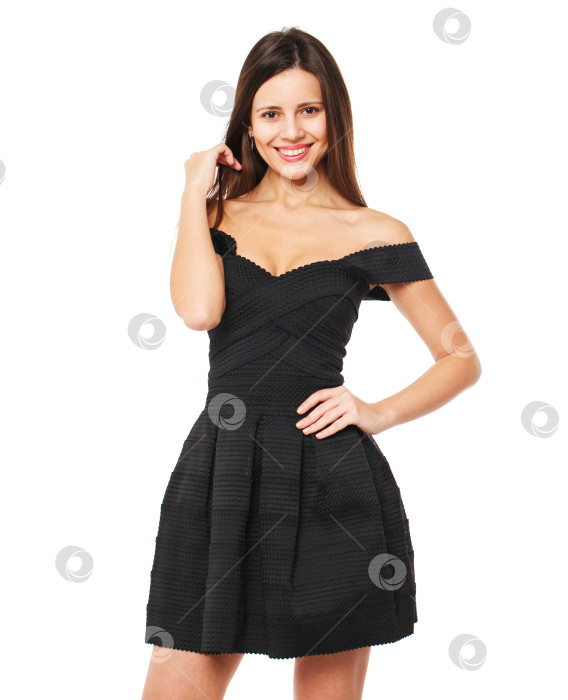 Скачать Молодая красивая брюнетка в черном платье фотосток Ozero